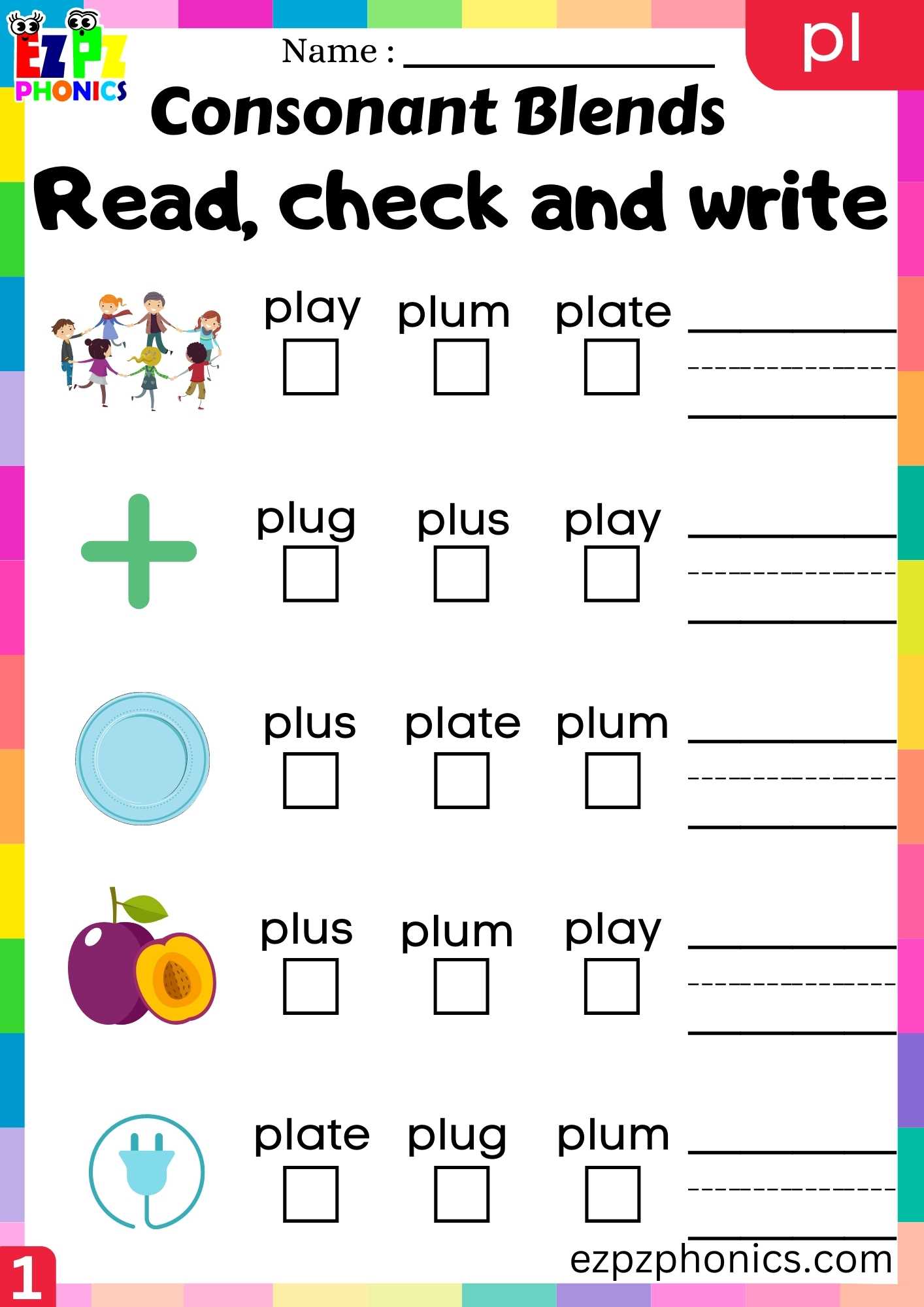 Group1 PL Words Read, Check And Write Phonics Consonant Blends Worksheet